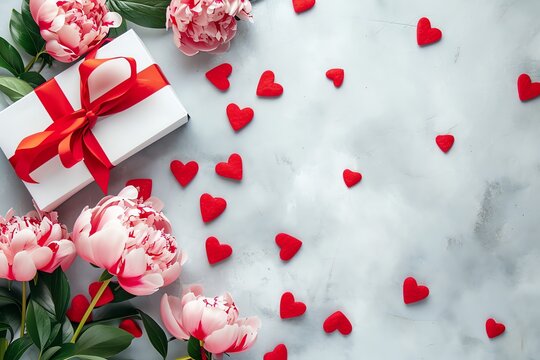 Valentines day background with red hearts, gift box and peony flowers