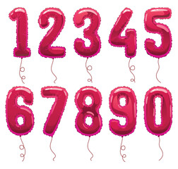 Helium pink balloons numbers. Realistic design elements, numeral character. Party decoration balloons or anniversary sign. Vector glossy decorative digits illustration © designer_things