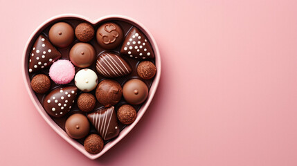Heart shaped box of chocolates on pink background, top view.