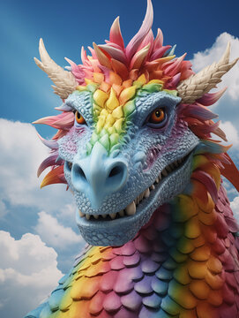 Fairytale rainbow multicolored dragon in the clouds....