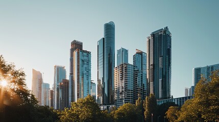 Fototapeta premium Summer cityscape capturing modern buildings against a backdrop of golden foliage and clear skies.