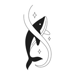 Obraz premium Y2k magic whale with water wave and stars sacred monochrome line retro groovy icon vector