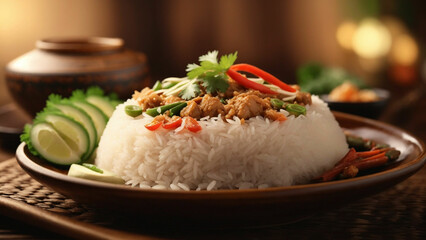 
Rice Thai food against the warm backdrop of a polished wooden table from fragrant jasmine rice to...