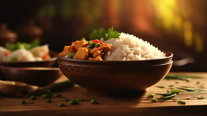 
Rice Thai food against the warm backdrop of a polished wooden table from fragrant jasmine rice to...