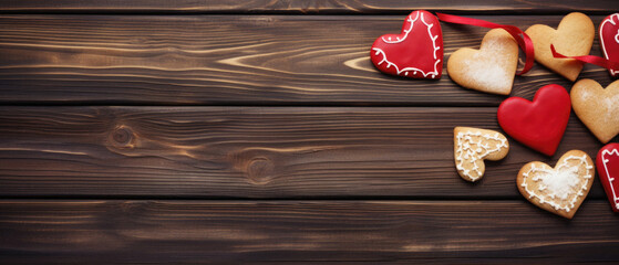 Obraz na płótnie Canvas Valentine's Day background with gingerbread cookies and red ribbon on brown wooden table.