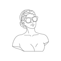 Y2k antique woman goddess bust in fashion sunglasses monochrome line retro groovy icon vector