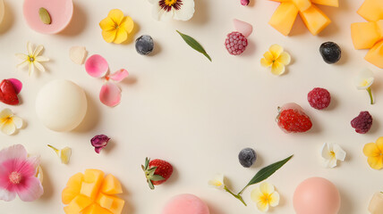 Flat lay composition with fresh berries, mango and flowers on pastel beige background with...