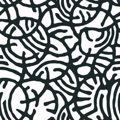 Cut stencil ornamental panels with abstract rounded shape. Fretwork screen template. Ethnic ornament of intertwined roots. Circles ancient pattern. Black and white seamless texture. Vector wallpaper