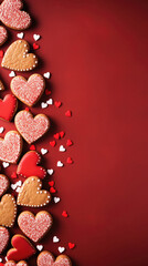 Valentine's Day background with heart shaped cookies on red background.