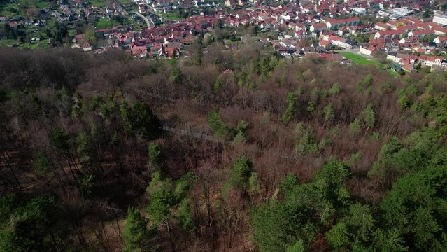 Drone flying over beautiful small city Bleicherode in Germany
