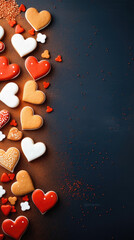 Valentine's Day background with gingerbread hearts on dark blue background.