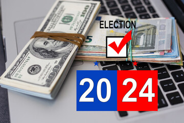 American vote concept. Ballot for presidents election 2024 and many dollar banknotes 