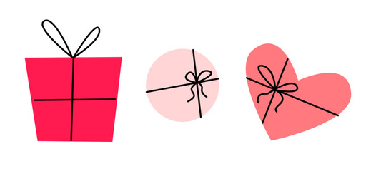 Gift boxes with ribbon. Valentine's Day pink and red presents. Round, Square and Heart shaped boxes with bow. Cartoon vector flat illustration. 