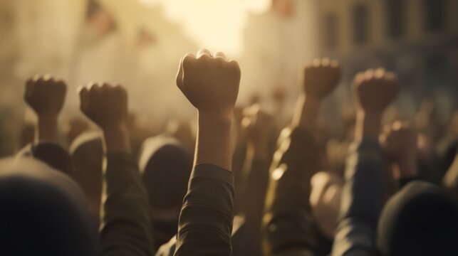 fists of many people raised in protest, at dusk. created with ai.