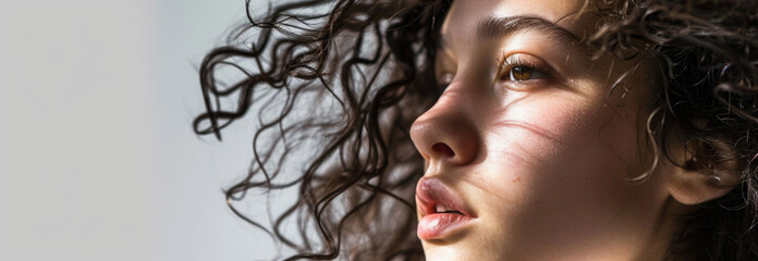 Young Woman with Curly Hair Gazing Upwards in Wonder Against a Light Background