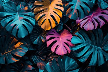 Fluorescent color layout made of tropical leaves on black background - obrazy, fototapety, plakaty