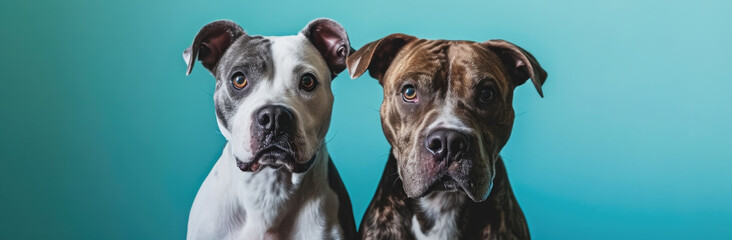 Confident Canine Pair: Two Strong Pitbull Dogs Against a Turquoise Backdrop