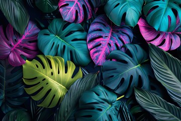 Fluorescent color layout made of tropical leaves on black background