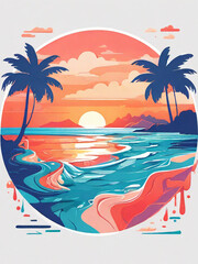 Fototapeta na wymiar sunset on the beach, sticker design, sea, sunset at the beach, illustration, ai generated