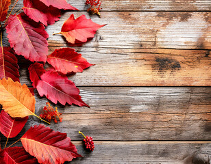 Naklejka na ściany i meble Autumn leaves on a rustic wooden background
