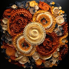 A circular arrangement of paper flowers. Generative AI.