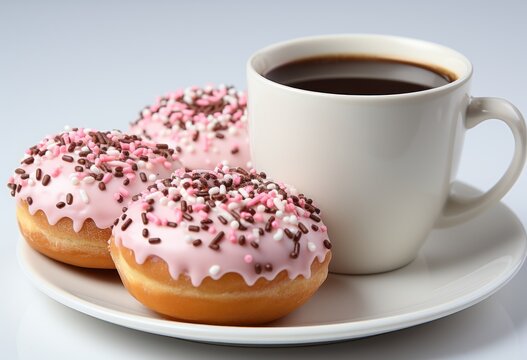 A coffee cup and a donut placed on a white backdrop, coffee mug image hd