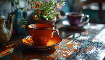 Orange tea cup on a sunny table, photo of coffee