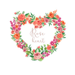 Beautiful rose heart. Heart shaped wreath with vintage flowers. 3D roses and leaves. Valentine's Day or wedding decoration. Greeting card design. Bouquet decorative concept. Floral icon. Logo idea.