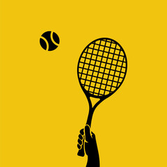 Tennis racket in hand black icon. Ball in flight. Sports lifestyle. Vector illustration flat design. Template for sports background. Landing page.