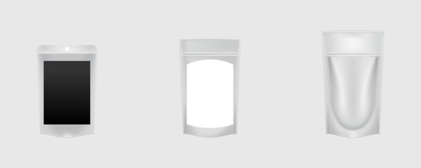 Blank white black and clear ziplock bag 3 sizes for food or healthy products. isolated on white vector eps10