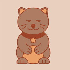 Illustration of a well-fed cat. Japanese style cat in warm colors. Logo with cat. Vector illustration for menus, posters, social networks.