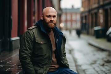 Portrait of a handsome bearded man in a green jacket and jeans.