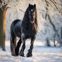 beautiful friesian horse developing its mane in a snowy forest among the snow on a frosty morning at dawn