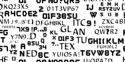 Glitch distorted abstract words . Seamless pattern texture. Pixel fonts .Screen print endless pattern texture