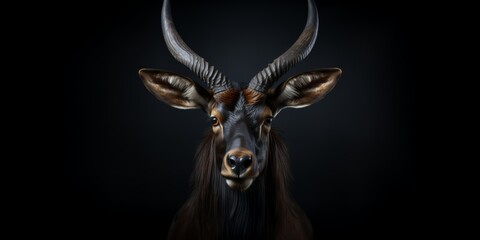 A goat with sharp, long horns is depicted in a portrait against a black backdrop.