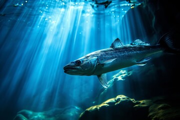 Fototapeta premium A detailed Atlantic cod swims in the deep ocean, surrounded by other fish.