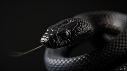 Naklejka premium A snake, with its forked tongue sticking out, is seen against a black background.