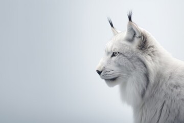 A white lion, resembling a wolf or fox, is seen on a foggy day.