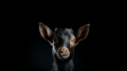 A goat, possibly a small one, is seen in a portrait against a black background, looking straight at the camera.