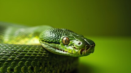 Fototapeta premium A snake, with green skin and scales, is seen on a green surface, possibly surrounded by other snakes.