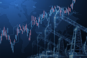 Digital screen showcasing financial chart graphs and oil pumps field.