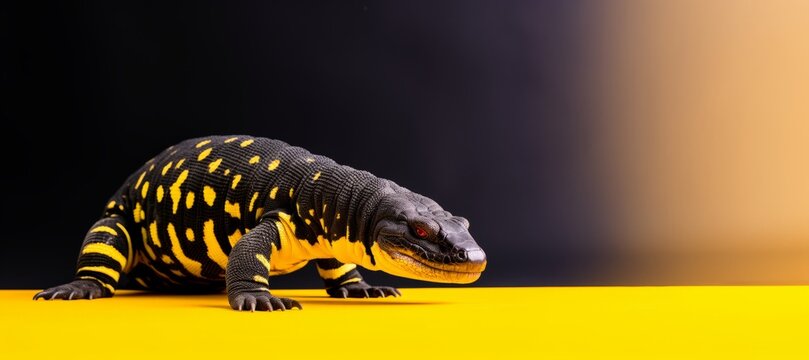 A toy lizard, possibly an angry gecko or salamander, sits on a yellow surface, its contrasting colors visible.