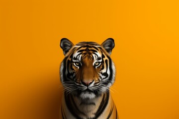 A tiger, possibly a hybrid or anthropomorphic one, is seen standing in front of a yellow wall. - obrazy, fototapety, plakaty
