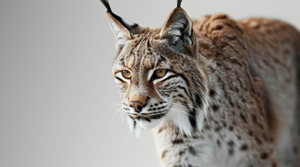 A lynx, with its detailed fur, is seen against a white background, its youthful appearance visible.