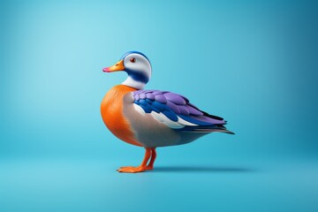 Obraz premium A duck, standing on a blue surface, is seen in a detailed portrait, its beauty on display.
