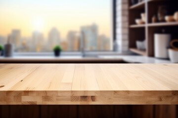 A spacious wooden tabletop overlooking an out-of-focus urban city scene, ideal for product display or digital compositing.