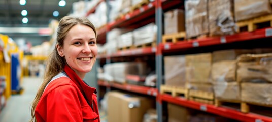 happy female warehouse worker smiling in warehouse, horizontal background, copy space for text