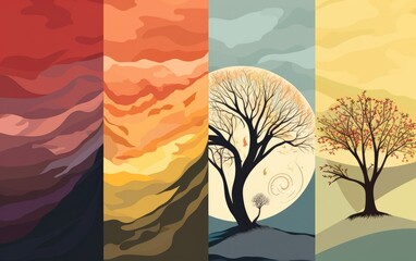 An abstract representation of the four seasons using unique shapes and corresponding color palettes.