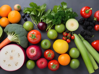 Grains, various fruits and vegetables, placed on a black background.