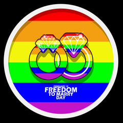National Freedom to Marry Day event banner. A pair of diamond rings decorated with the LGBT rainbow flag, with bold text to commemorate on February 12